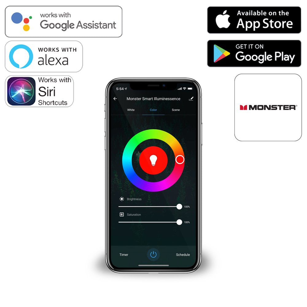 Monster 6.5Ft Multi-Color LED Light Strip, Smart Mobile App & Voice Controlled, USB Plug