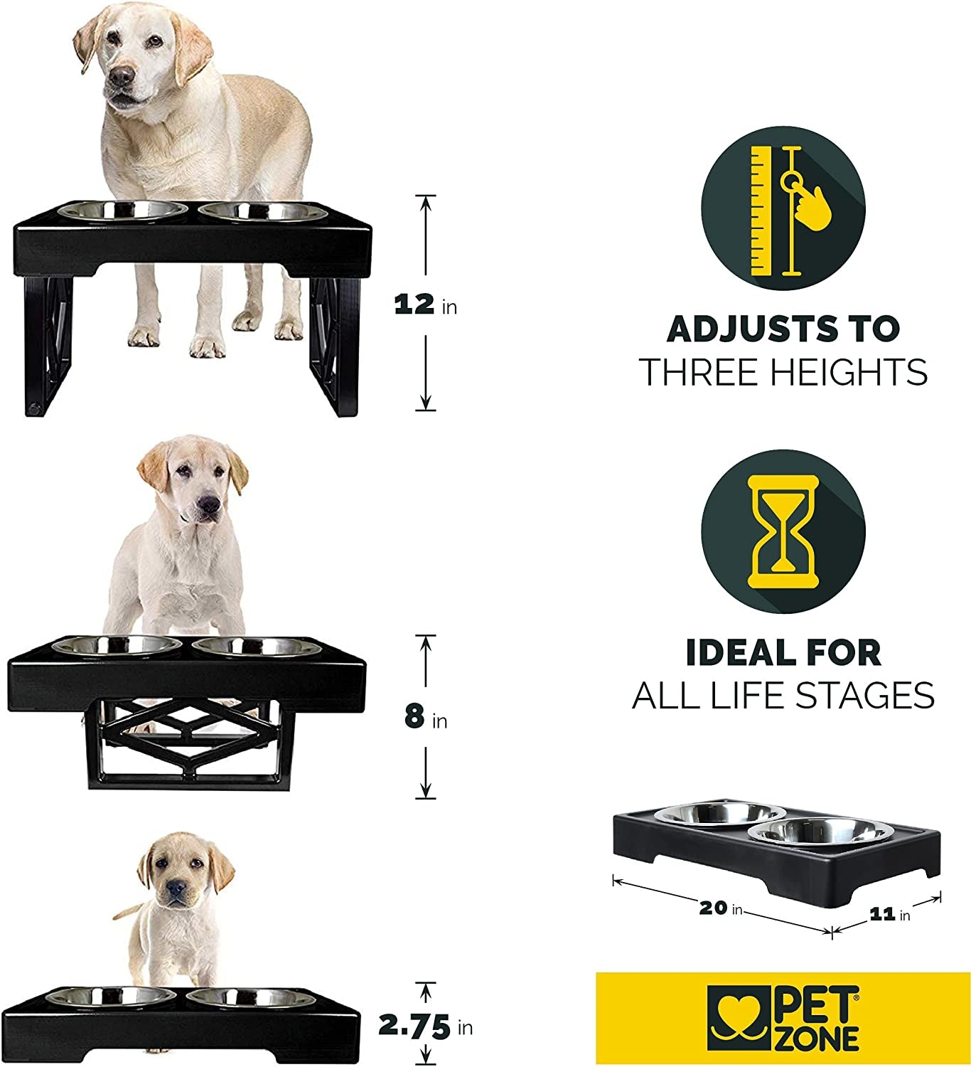 Pet Zone Designer Diner Adjustable Elevated Dog Bowls for Large Dogs, Medium and Small - Raised Dog Bowl Stand 2 Dog Food Bowls for Food and Water Double Stainless Steel, 3 Heights, 2.75”, 8", & 12''