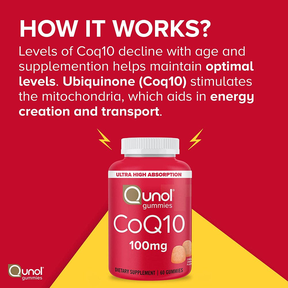 Qunol Coq10 Gummies (60 Count) with Ultra-High Absorption, 100Mg Heart Health Supplement, Vegan and Gluten Free