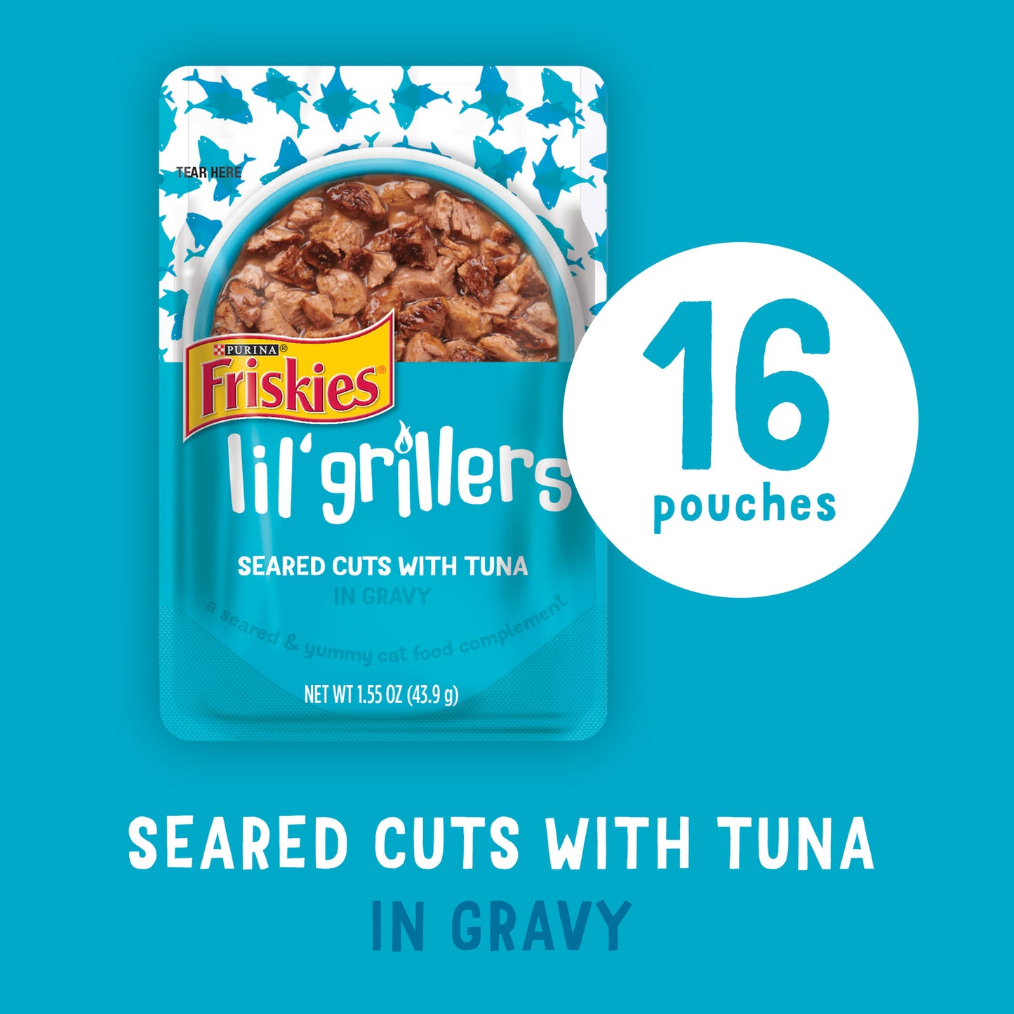 (16 Pack) Friskies Gravy Wet Cat Food Complement, Lil' Grillers Seared Cuts with Tuna, 1.55 Oz. Pouches