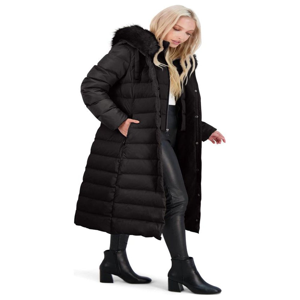 Tahari Nellie Long Coat for Women-Insulated Jacket with Removable Faux Fur Trim