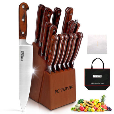 FETERVIC Knife Block Set, 16 Pieces Kitchen Knife Set with Block, Stainless Steel Knife Set for Best Gift, Home
