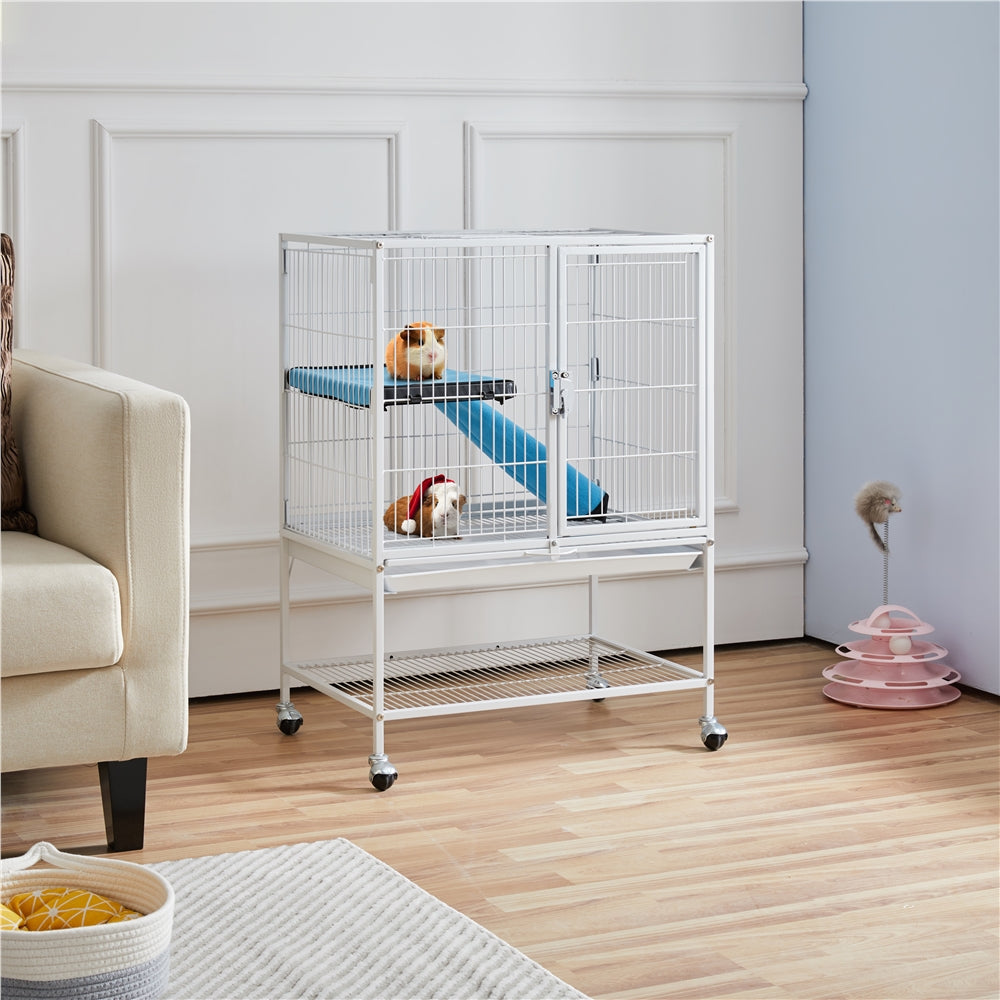 Easyfashion Rolling Metal Small Animal Cage with Removable Ramp Hammered White