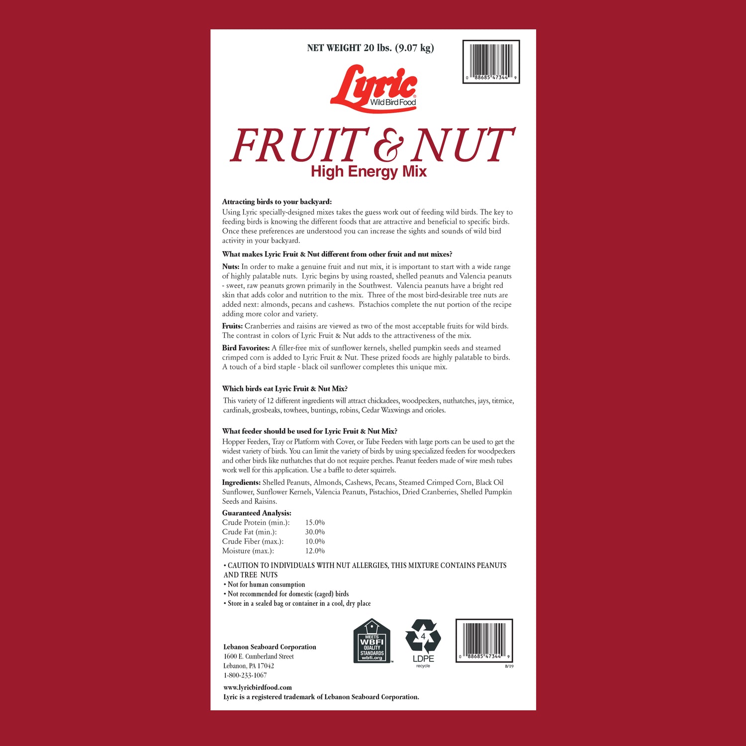 Lyric Fruit and Nut Wild Bird Seed, High Energy Wild Bird Food Mix, 20 Lb. Bag
