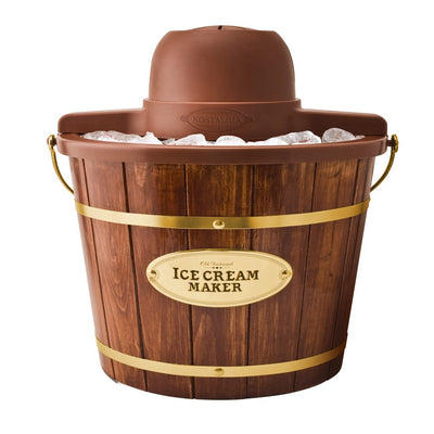 Nostalgia 4 Quart Electric Wood Bucket Ice Cream Maker with Carry Handle