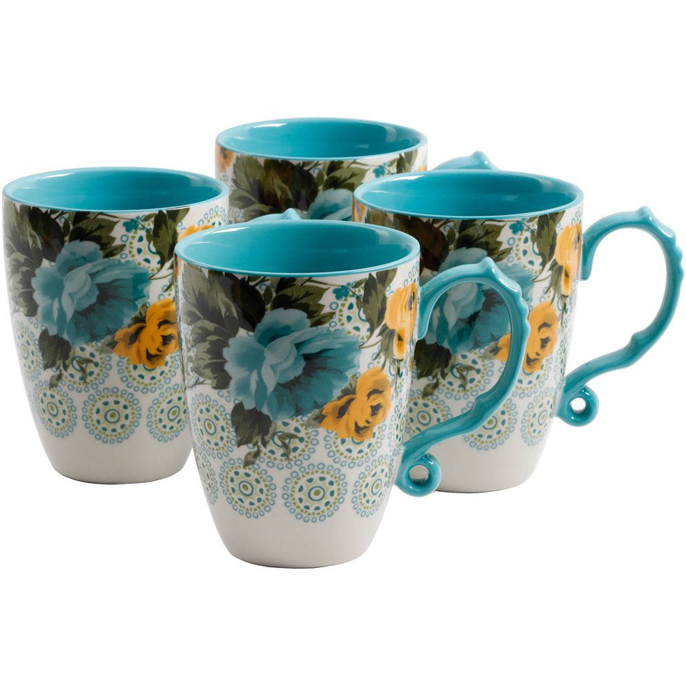 The Pioneer Woman Rose Shadow 4-Piece 26-Ounce Latte Mug Set, Turquoise