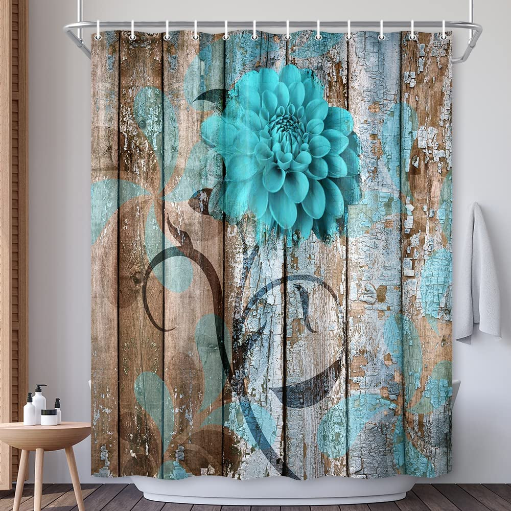 JAWO Rustic Flower Shower Curtain, Teal Floral Dahlia Barn Wood Farmhouse Shower Curtain Set, Country Turquoise Blue Brown Fabric Shower Curtain with Hooks, Boho Bathroom Curtain, 69X70Inch
