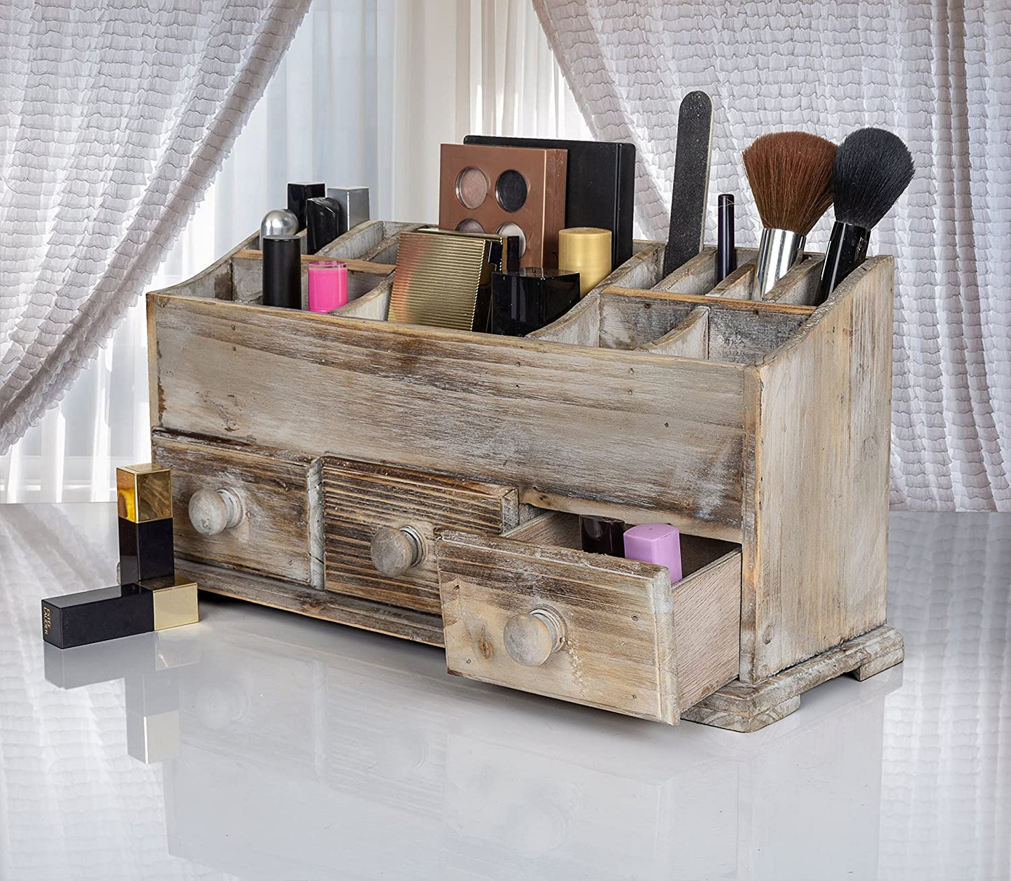 Vanity Drawer Beauty Organizer 3 Drawers - Wooden Cosmetic Storage Box for Neat & Organize Storing of Makeup Tools, Small Accessories at Home & Office Vanities & Bathroom Counter-Top (Rustic)