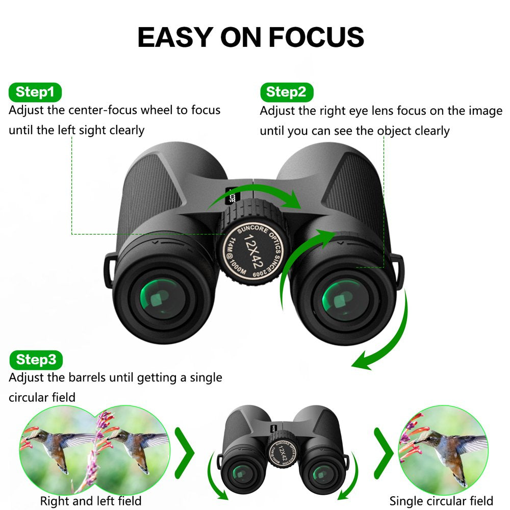 12 X 42 Binoculars for Adults and Kids - High Power Life Waterproof HD Compact Binoculars for Bird Watching Hunting Hiking Sightseeing Travel Concerts with BAK4 Prism FMC Lens, Black