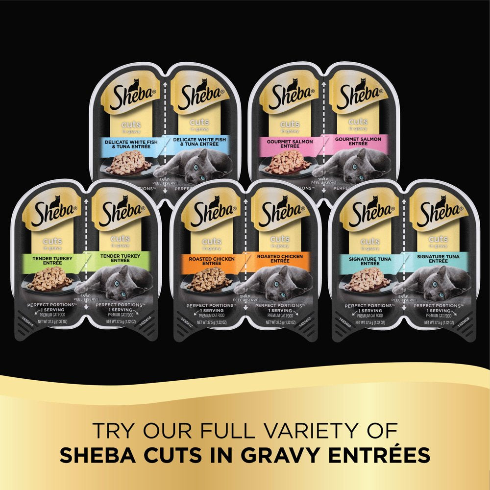 SHEBA Wet Cat Food Cuts in Gravy Variety Pack, Roasted Chicken Entree and Gourmet Salmon Entree and Tender Turkey Entree,2.6 Oz. PERFECT PORTIONS Twin-Pack Trays