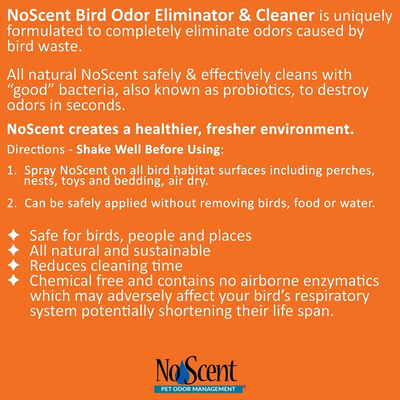 No Scent Bird - Professional Pet Poop Cleaner & Odor Eliminator - Safe All Natural Probiotic & Enzyme Formula Smell Remover for Cages Aviary Perches Nests Toys and Bedding (1 Gal)