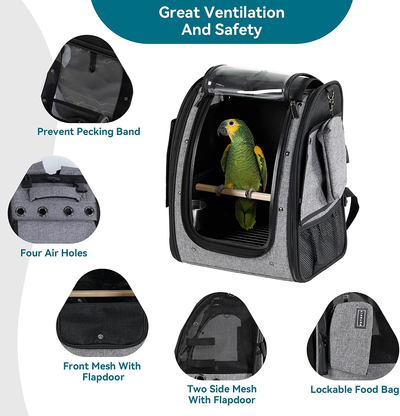 Bird Carrier with Stainless Steel Bowl, Parrot Backpack Includes Slide Tray for Easy Cleaning, 13" X 10" X 16"