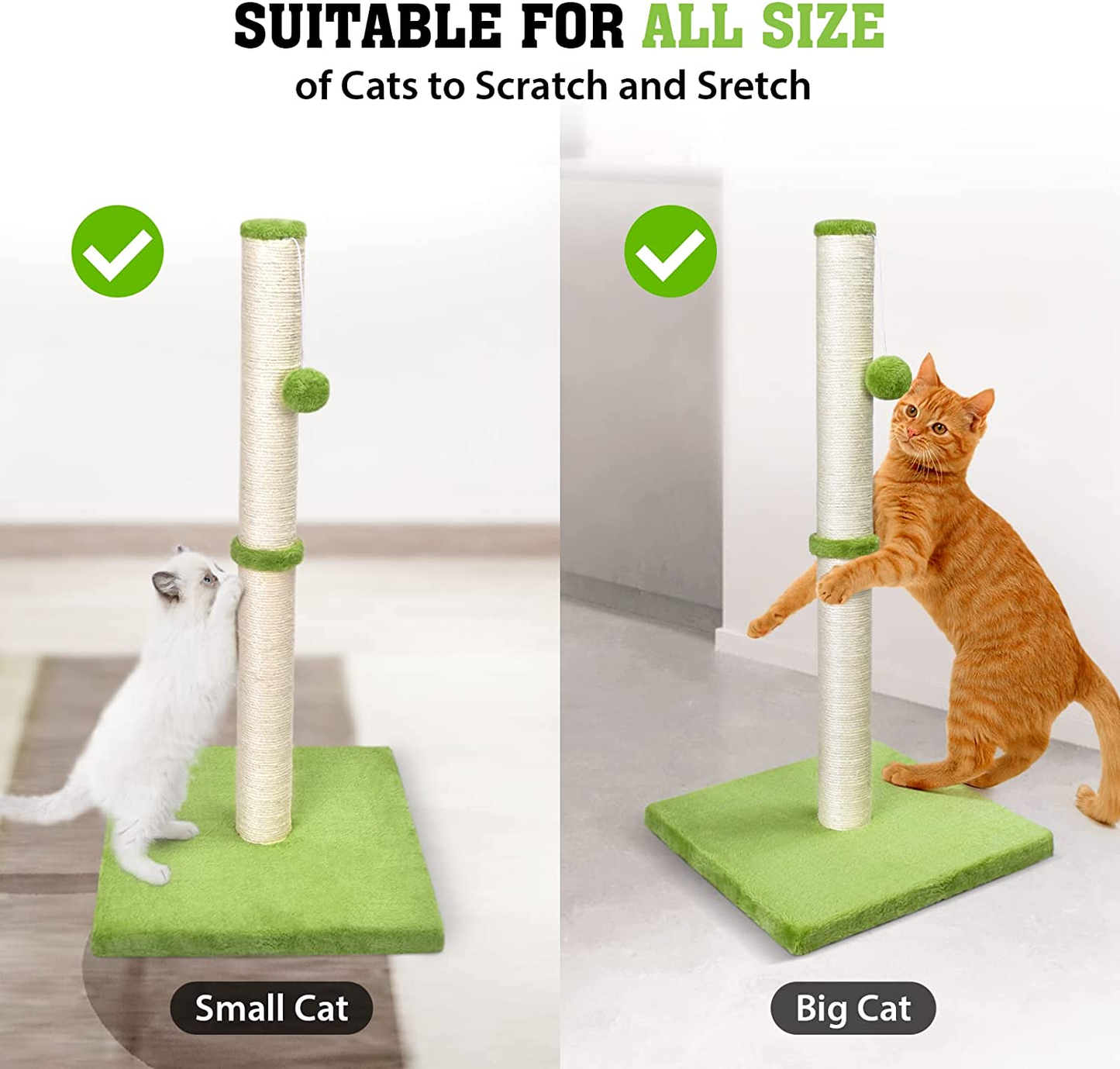 31'' Tall Cat Scratching Post - Cat Claw Scratcher with Hanging Ball - Scratching Posts for Indoor Large Cats - Durable Stable Cat Furniture with Sisal Rope - Cat Scratch Post - Green