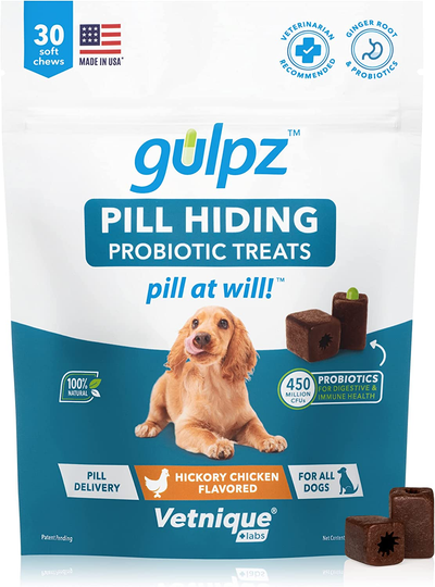 Gulpz Pill Hiding Probiotic Pockets for Dogs - Hide, Hold & Deliver Pet Meds, for Digestive Health, Immune & Recovery Support - Hickory Chicken Flavor - Pill at Will! by