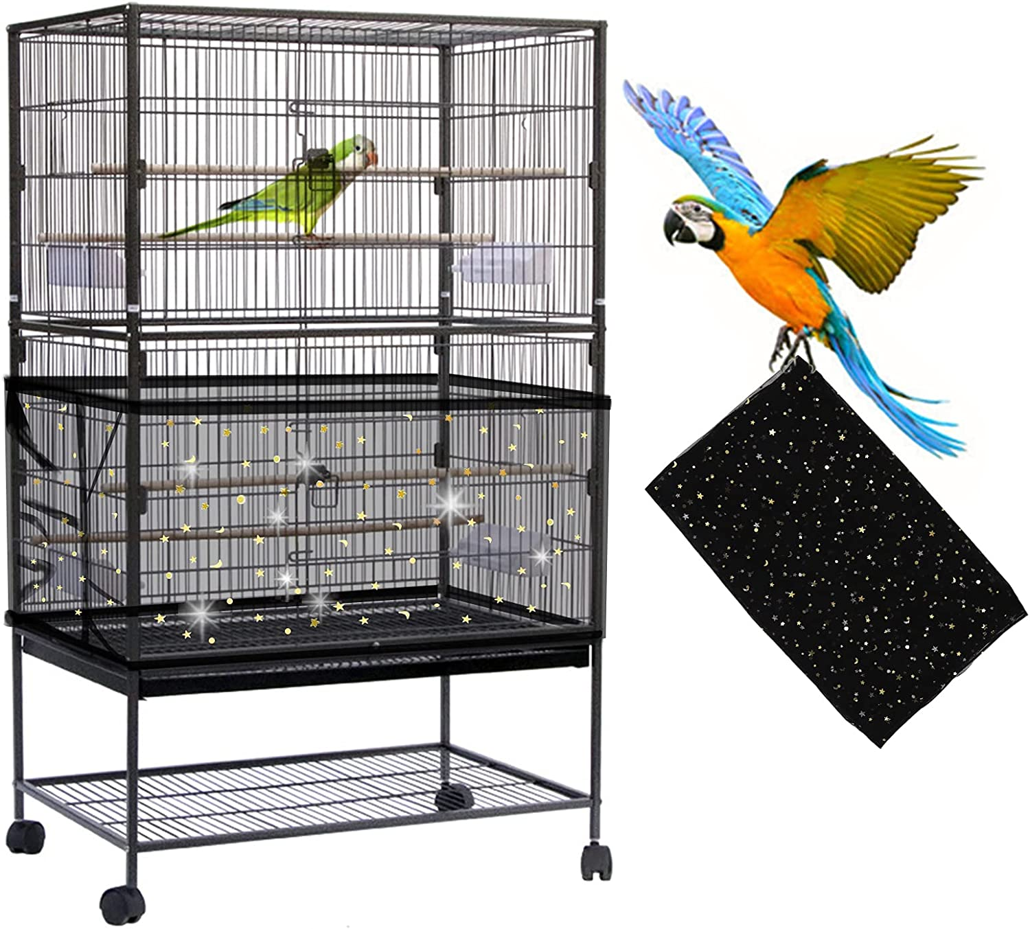 Large Bird Cage Cover,  Bird Cage Seed Catcher, Adjustable Soft Nylon Mesh Net with Twinkle Moon Star, Birdcage Cover Skirt Seed Guard for Parrot Parakeet Macaw round Square Cages (Black)