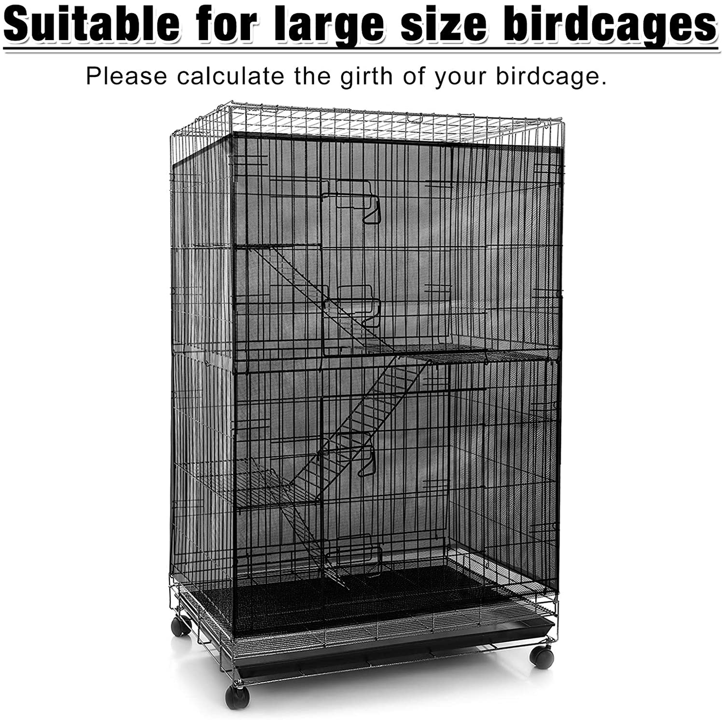 Adjustable Bird Cage Net Cover Birdcage Seed Feather Catcher Soft Skirt Guard Birdcage Nylon Mesh Netting for Parrot Parakeet Macaw round Square Cages (Black,118 X 39.4 Inch/ 300 X 100 Cm)