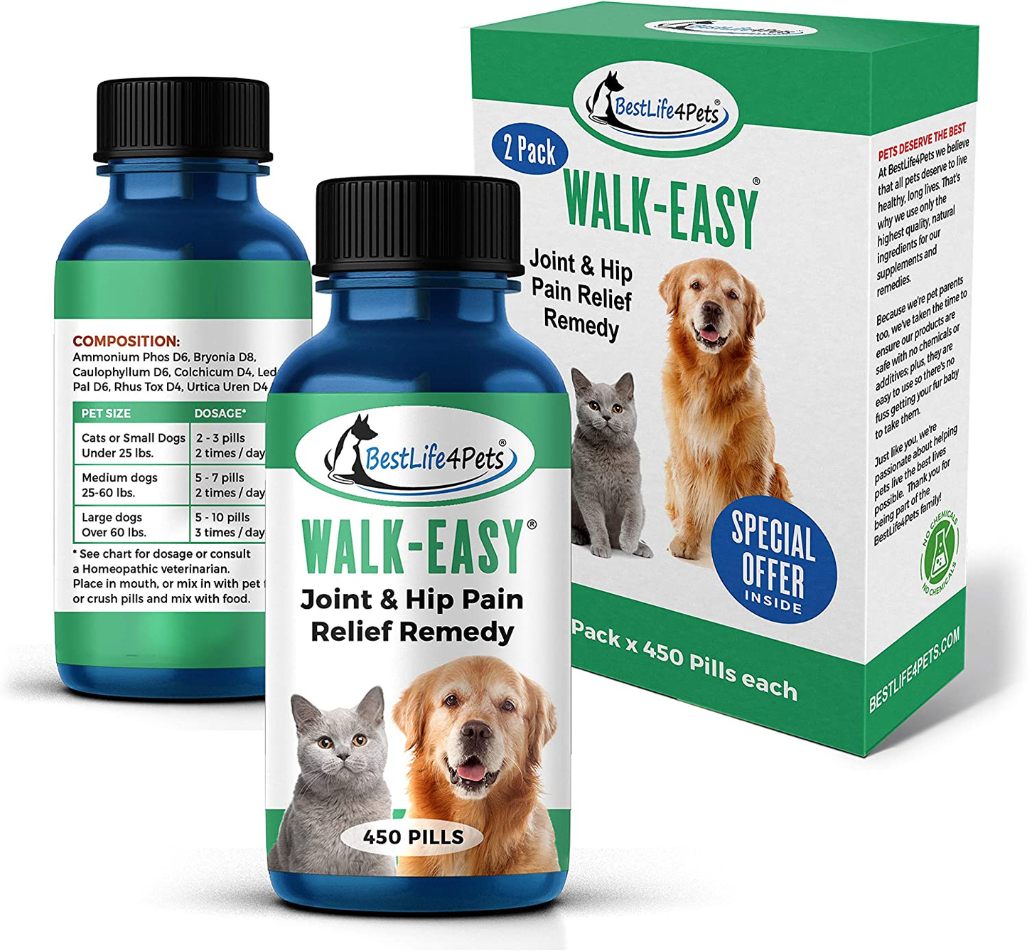 Walk-Easy Hip and Joint Supplement for Dogs Cats – Arthritis Pain Relief and Anti-Inflammatory Support Pills - All Natural, for Large and Small Pets