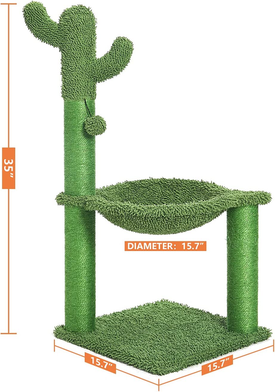 35 Inches Cactus Cat Tree with Hammock and Full Wrapped Sisal Scratching Post for Cats Green Large