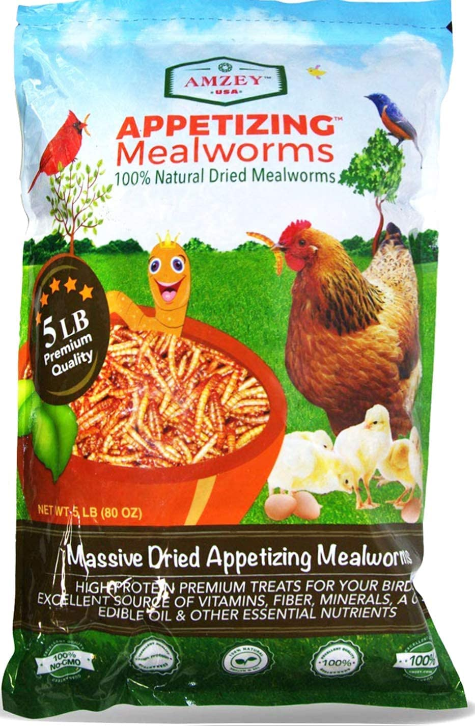 Mealworms -5 Lbs- 100% Non-Gmo Dried Mealworms - Large Meal Worms - Bulk Mealworms -High Protein Treats- Perfect Mealworm for Chickens, Ducks, Turtles, Blue Birds, Lizards - Bag of Mealworms 5 LBS