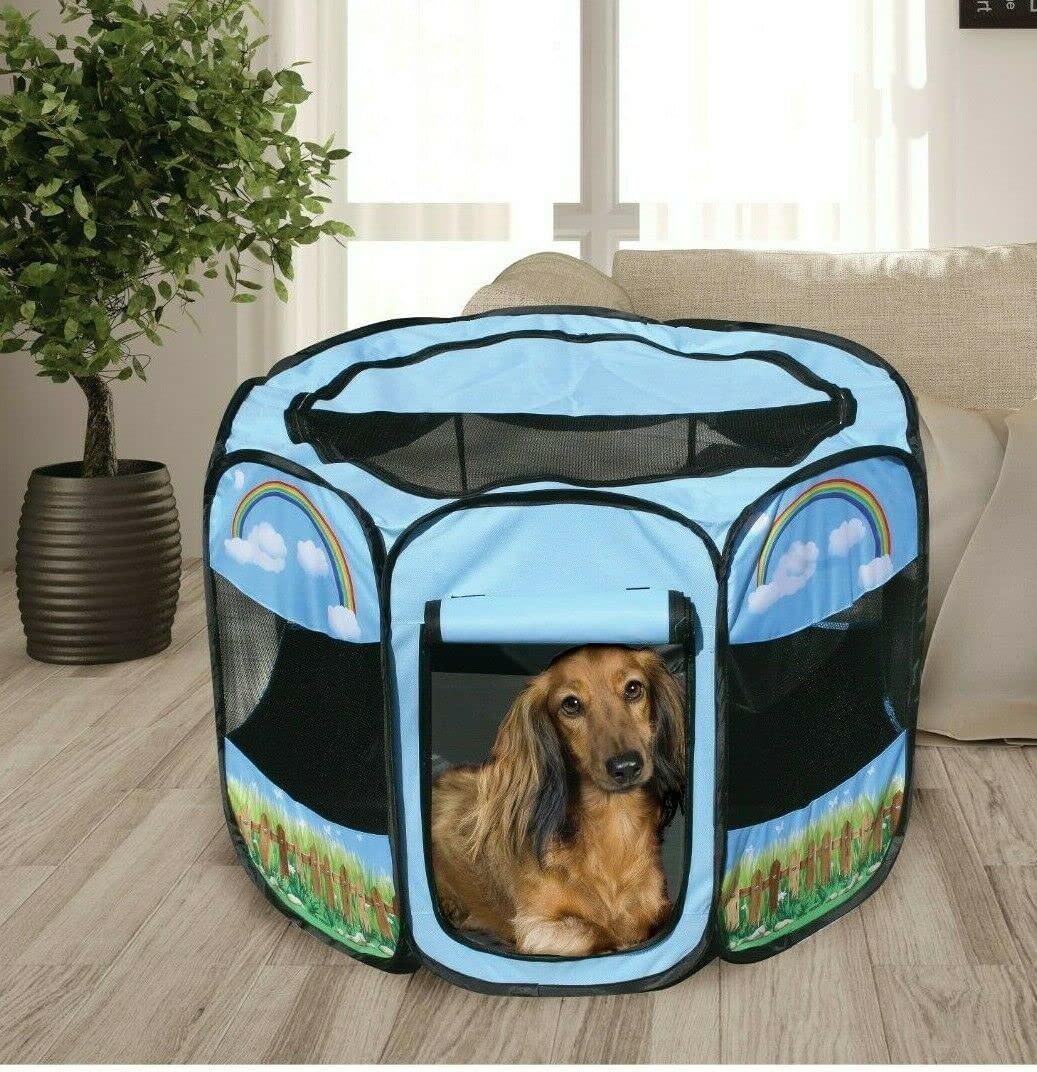 Pet Portable Foldable Play Pen Exercise Kennel Dogs Cats Indoor/Outdoor Tent for Small Medium Large Pets Animal Playpen with Pop up Mesh Cover Great for Travel LARGE,BLUE/GREEN