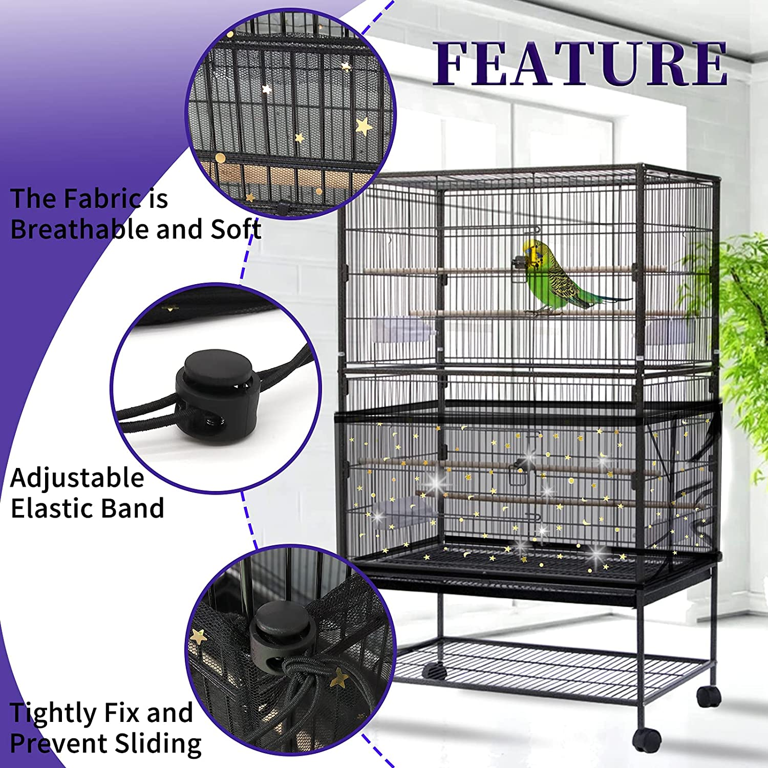 Large Bird Cage Cover,  Bird Cage Seed Catcher, Adjustable Soft Nylon Mesh Net with Twinkle Moon Star, Birdcage Cover Skirt Seed Guard for Parrot Parakeet Macaw round Square Cages (Black)