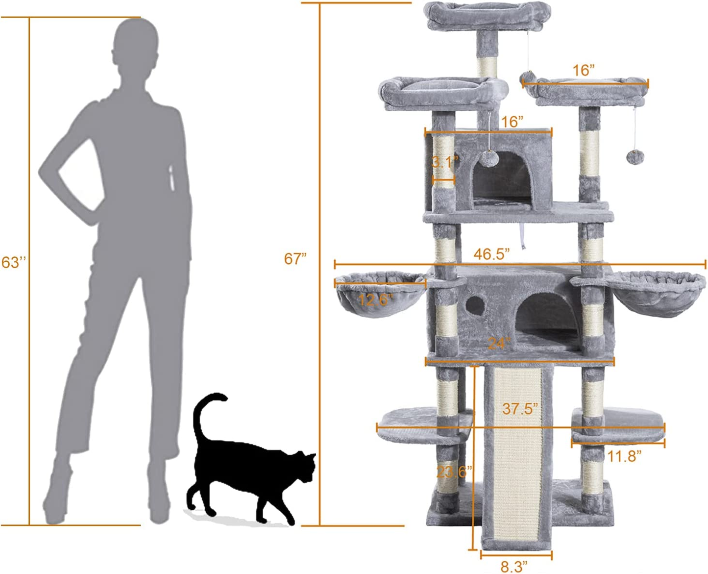 68 Inches Multi-Level Large Cat Tree for Large Cats/Big Cat Tower with Cat Condo/Cozy Plush Cat Perches/Sisal Scratching Posts and Hammocks/Cat Activity Center Play House，Grey Color