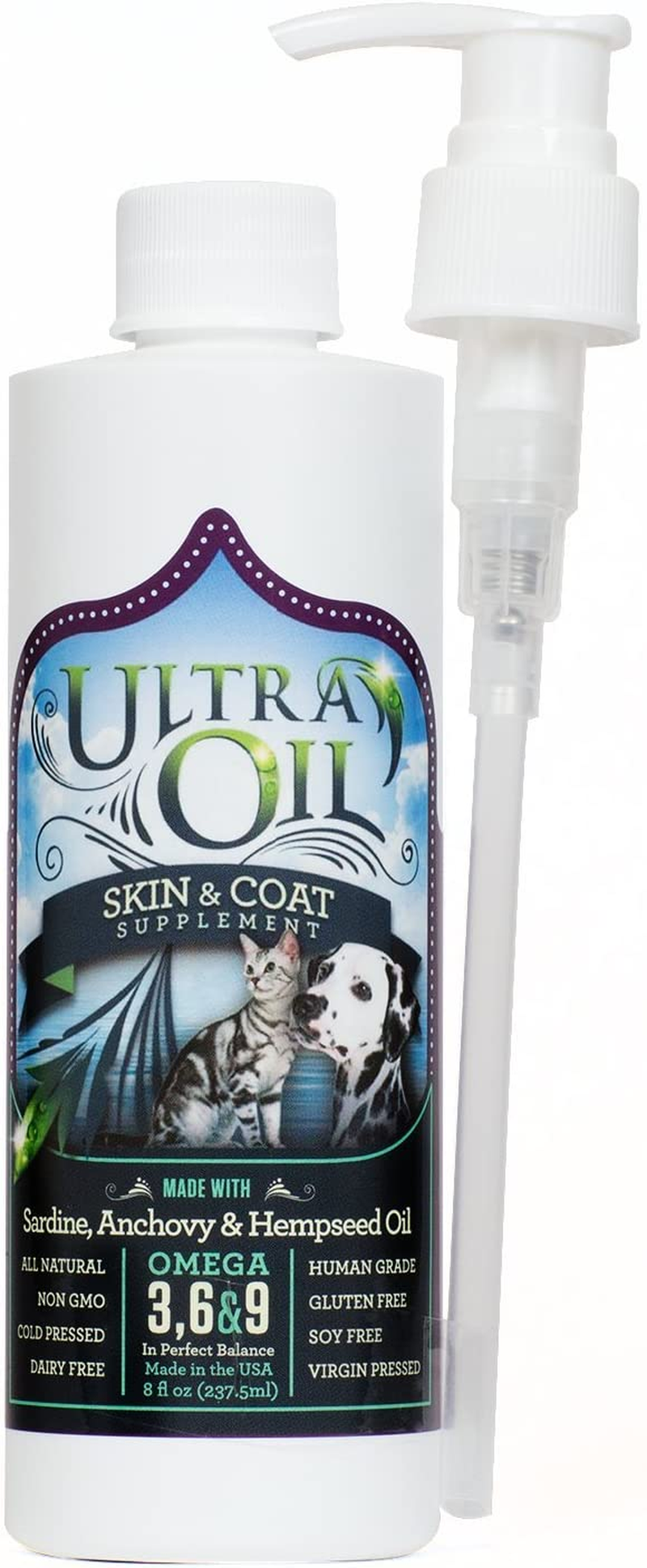 Ultra Oil Skin and Coat Supplement for Dogs & Cats - Hemp Seed Oil, Flaxseed Oil, Grape Seed Oil, Fish Oil for Relief from Dry Itchy Skin, Dandruff, and Allergies - 8 Ounce - Packaging May Vary