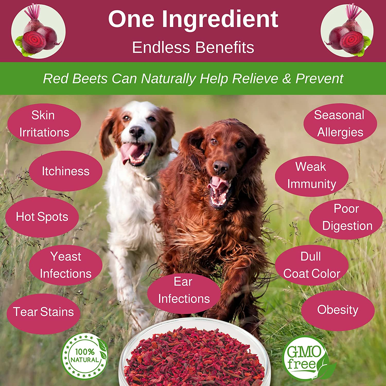 Dehydrated Red Beets Itch and Allergy Relief Dog Food Supplement Non-Gmo Product, 2.2 Pounds