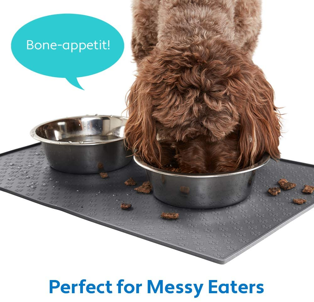 Silicone Pet Feeding Mat, Waterproof Placemat for Dog and Cat Bowls, Raised Edges, Prevent Water Spills and Food Messes on Floor, Paw Print Tray Mats, Dishwasher Safe, 18X12, Gray