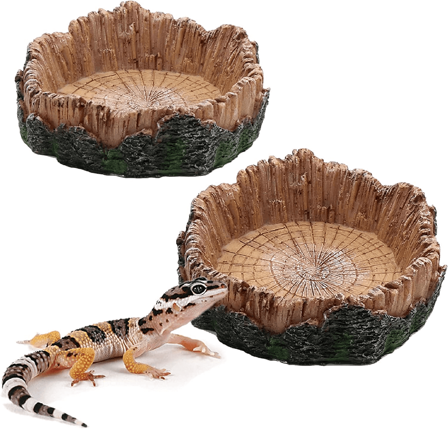 Reptile Water Dish Food Bowls, Artificial Tree Trunk Reptile Tank Decor Bowl for Leopard Gecko Lizard Spider Scorpion （2 Pcs）