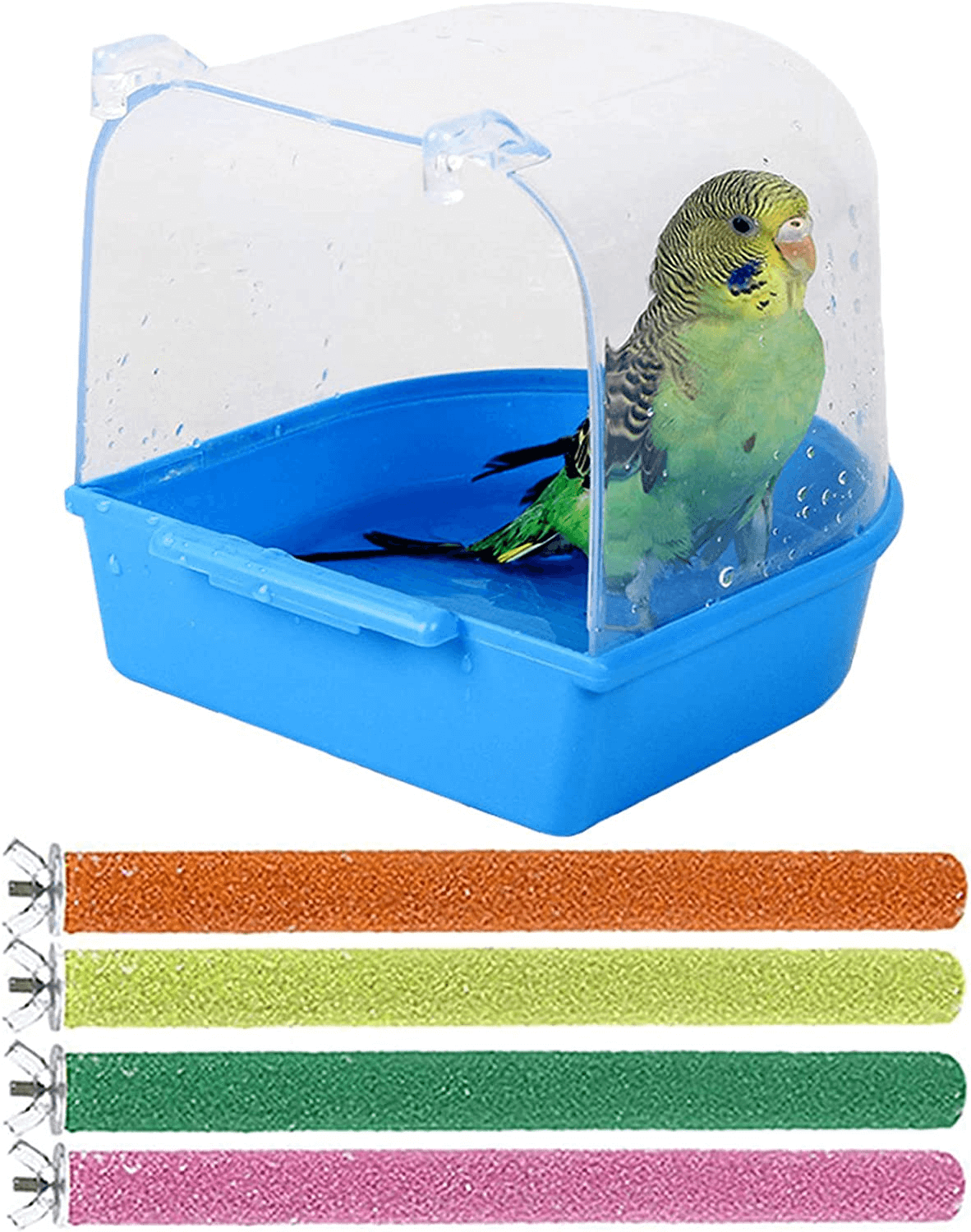 Parrot Bath Box Bird Bathtub Parakeet Bathing Tube with Bird Perches Stand Paw Grinding Cage Accessories Ideal for Small Brids Lovebirds Canary Finches(5 PCS Random Color)