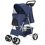 Pet Stroller, 4 Wheel Foldable Stroller with Storage Basket, Handle 360° Front Wheel Rear Wheel with Brake for Small Medium Dogs & Cats (Blue)