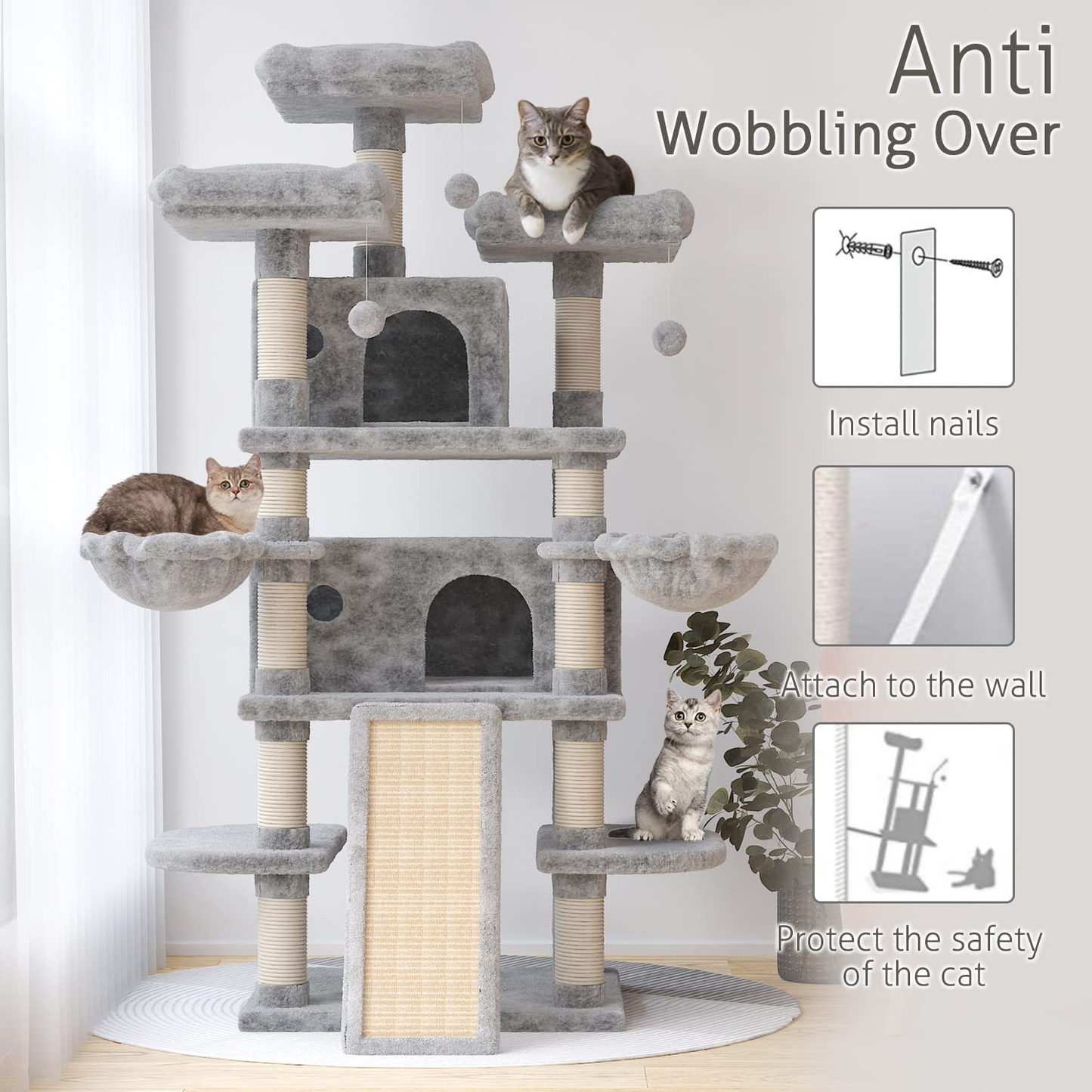 68 Inches Multi-Level Large Cat Tree for Large Cats/Big Cat Tower with Cat Condo/Cozy Plush Cat Perches/Sisal Scratching Posts and Hammocks/Cat Activity Center Play House，Grey Color