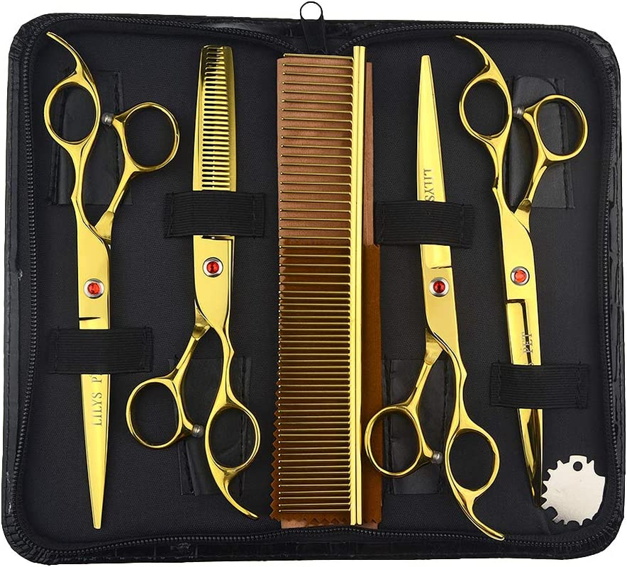Professional PET DOG Grooming Coated Titanium Scissors Suit Cutting&Curved&Thinning Shears (7.0 Inches, Gold)…
