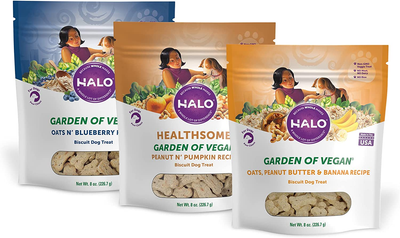 Halo Garden of Vegan Variety Pack, Training Treats for Dogs, Healthy, Low Calorie, 8Oz Bag (Pack of 3)