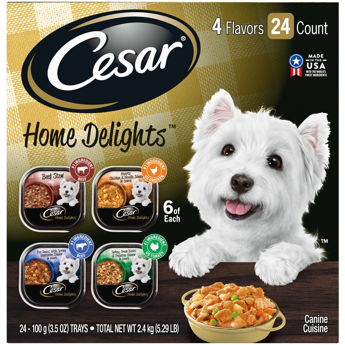 CESAR HOME DELIGHTS Wet Dog Food Pot Roast & Vegetable, Beef Stew, Turkey Potato & Green Bean, & Hearth Chicken & Noodle Variety Pack, (24) 3.5 Oz. Trays
