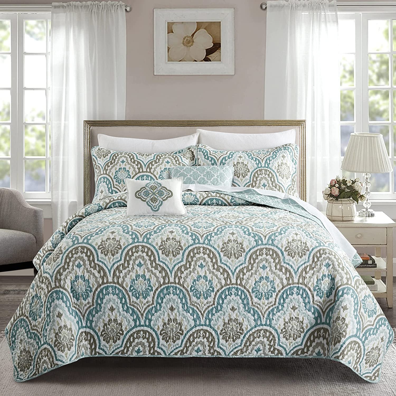 Home Soft Things Tivoli Ikat Queen Size 90" X 90" 5 Piece Teal Aqua Printed Prewashed Quilted Coverlet Bedspread Bed Cover Set for All Season, Lightweight Quilt Blanket with Matching Shams Pillows