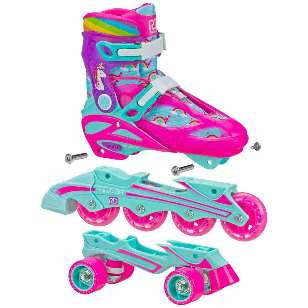 Roller Derby Sprinter Girl'S 2-In-1 Quad Roller and Inline Skates Combo, Unicorn (Size 12-2)