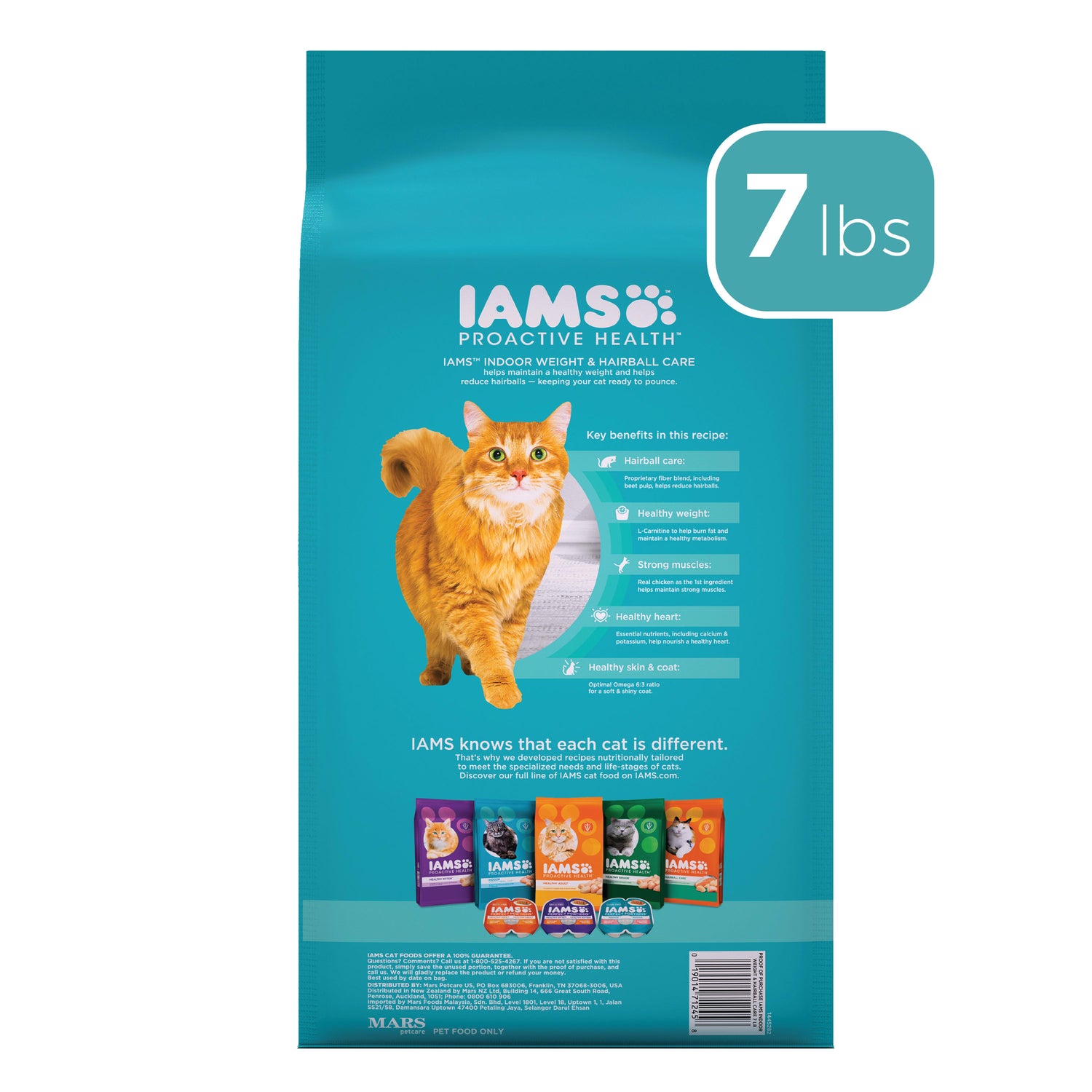 IAMS PROACTIVE HEALTH Adult Indoor Weight Control & Hairball Care Dry Cat Food with Chicken & Turkey Cat Kibble, 7 Lb. Bag