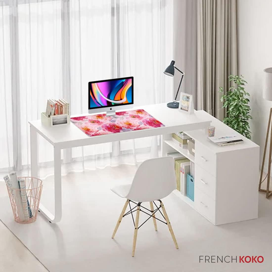French KOKO Large Mouse Pad Big Desk Mat Extended Desk Pad Keyboard Gaming Mousepad Cute Office Decor Women Girls Computer Accessories College Essentials Work Home Office Supplies XL Pink Flowers