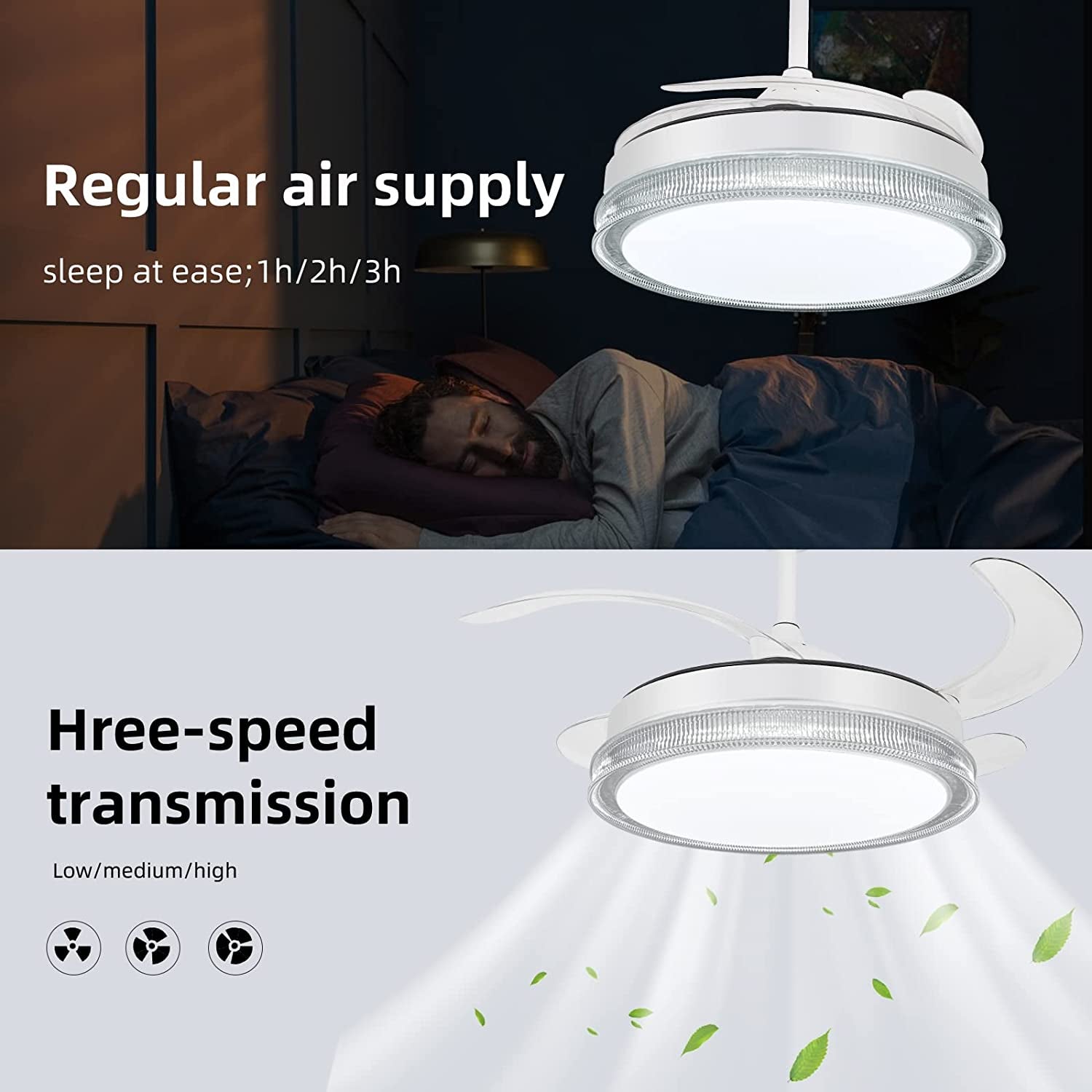 HOREVO Retractable Blade Ceiling Fan with Light Bluetooth Music Fan Chandelier with Remote, 42Inch 3 Speeds Silent Motor with RGB Dimmable 36W White Ceiling Fan