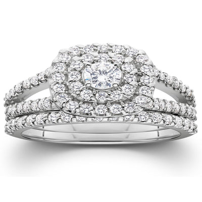 Pompeii3 Women'S 1 1/10Ct Cushion Halo Solitaire Diamond Engagement Wedding White Gold Ring Set