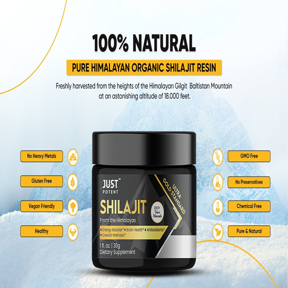 Just Potent Ultra Gold Standard Shilajit Resin Supplement - 100+ Trace Minerals | 600Mg per Serving, 50 Servings | Brain Health, Antioxidant, Energy, and Overall Wellness