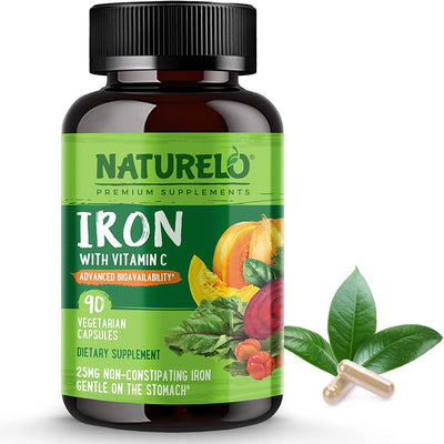 NATURELO Vegan Iron Supplement with Vitamin C and Organic Whole Foods - Gentle Iron Pills for Women & Men W/ Iron Deficiency Including Pregnancy, Anemia and Vegan Diets - 90 Mini Capsules