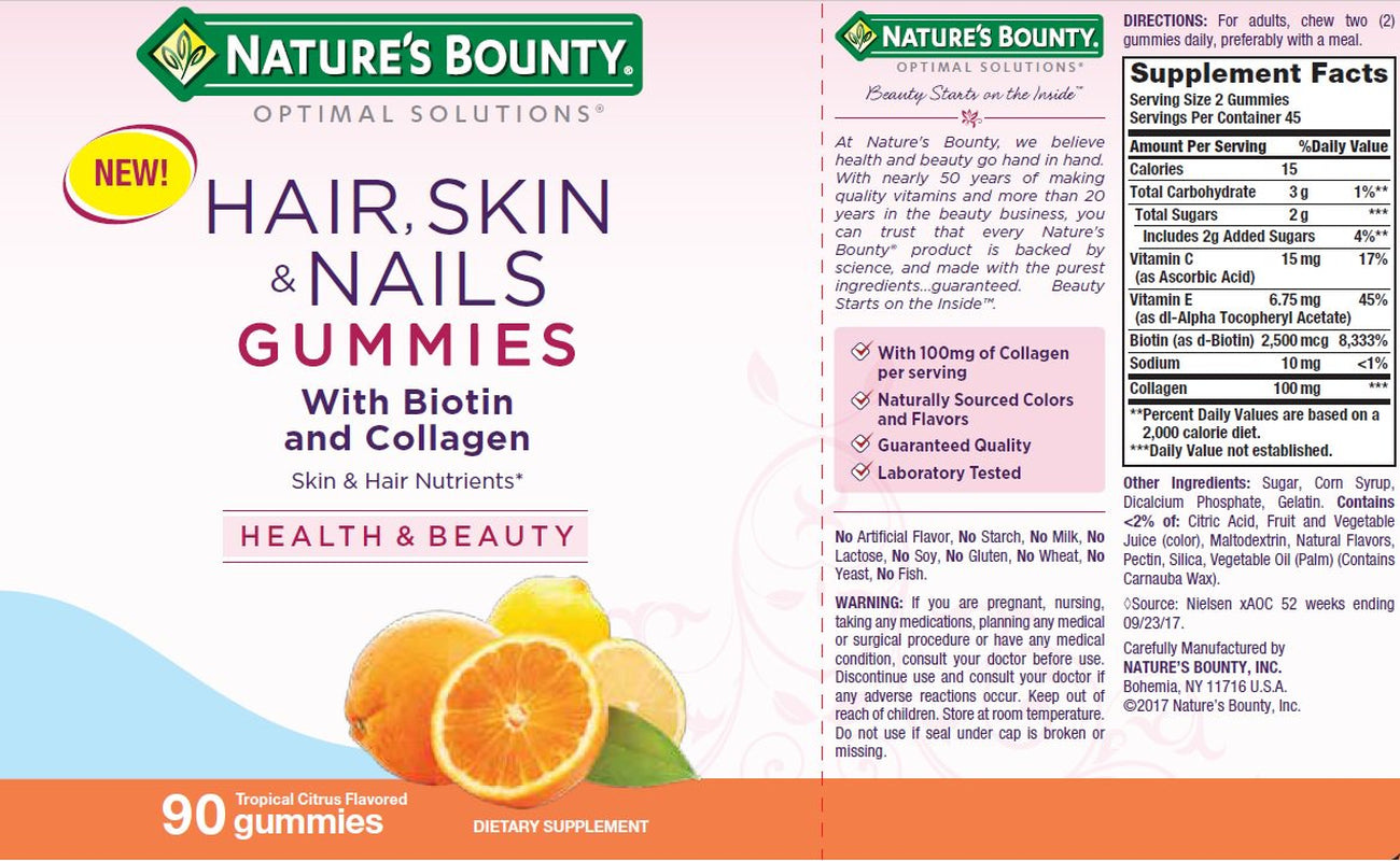 Nature'S Bounty Hair Skin and Nails with Collagen and Biotin, Gummies, Tropical Citrus, 90 Ct