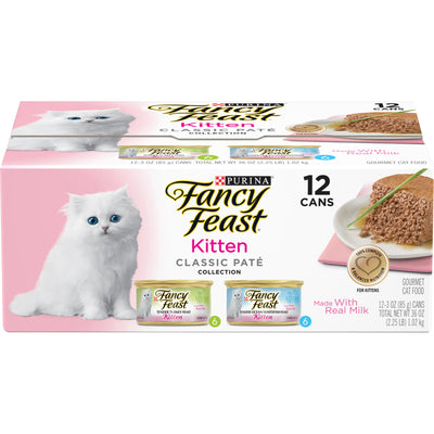 (12 Pack) Fancy Feast Grain Free Pate Wet Kitten Food Variety Pack, Kitten Classic Pate Collection Turkey & Whitefish, 3 Oz. Cans
