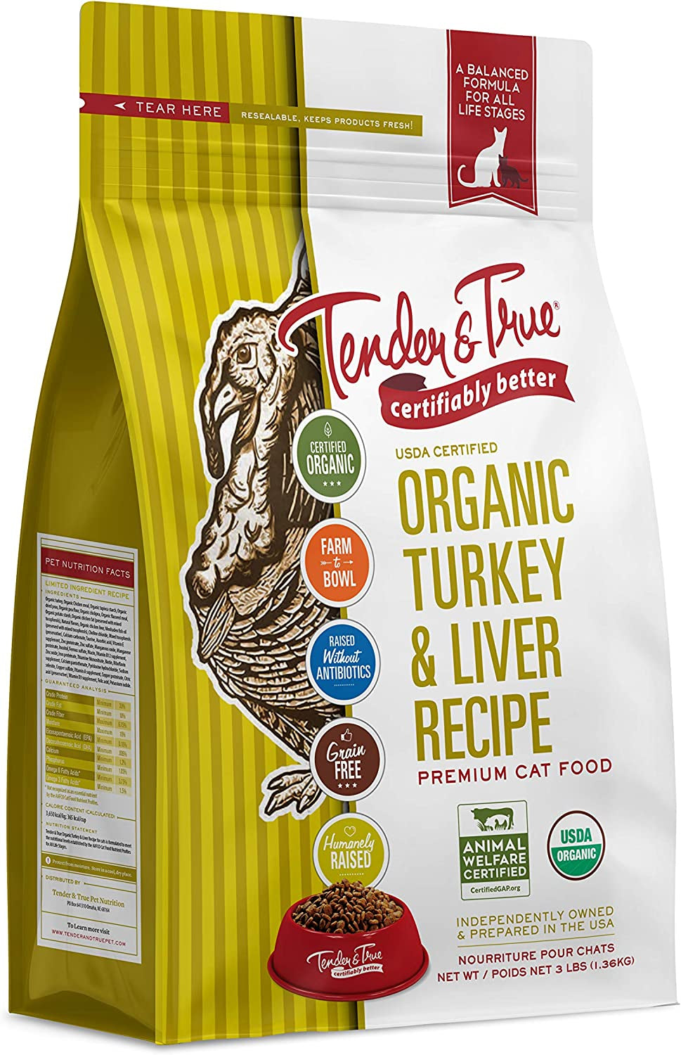 Tender & True Organic Turkey & Liver Recipe Cat Food, 3 Lb