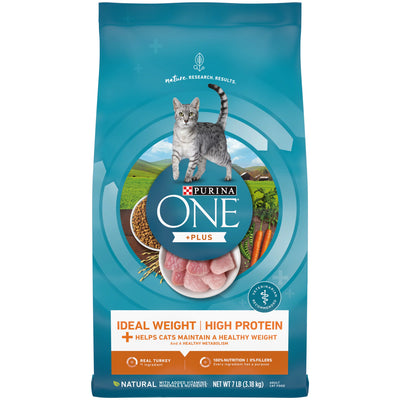 Purina ONE High Protein, Healthy Weight Dry Cat Food, +Plus Ideal Weight with Turkey, 7 Lb. Bag
