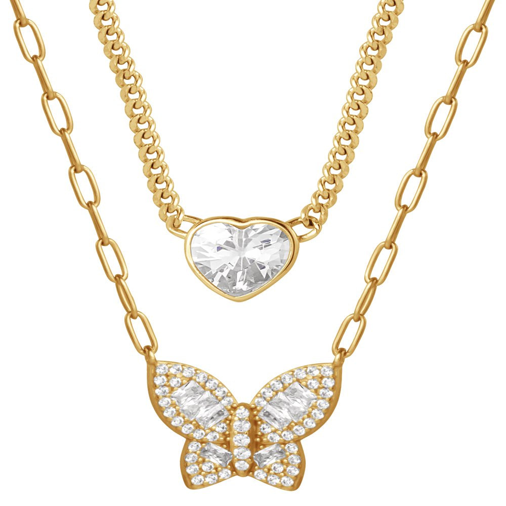 Brilliance Fine Jewelry Women'S CZ Yellow Gold Plated Sterling Silver Heart and Butterfly Necklace Set, 18"