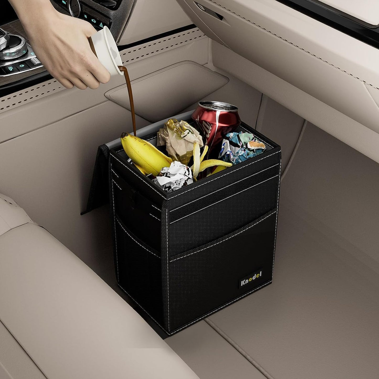 K KNODEL Car Trash Can, Waterproof Garbage Can/Bag with Lid, 600D Leak-Proof Trash Bin, Car Trash Hanging (Medium, Black)